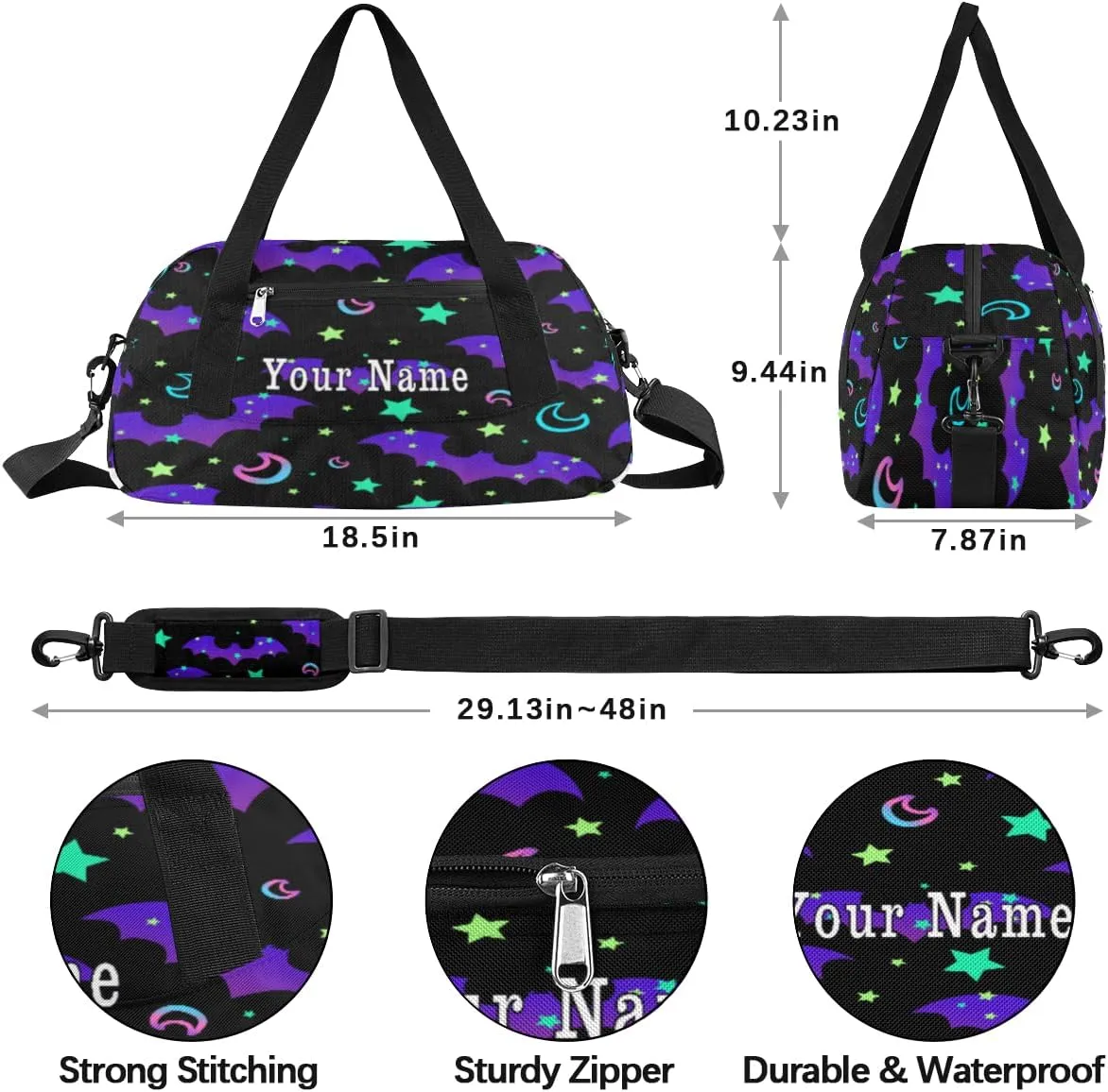 Personalized Kids Duffel Bag Galaxy Moon Bat Pattern,Custom Sport Gym Bag for Boys Girls,WWeekender Overnight Bags Travel Duffel Bag,Customized Kids Gift