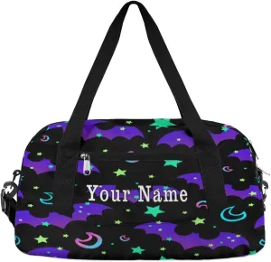 Personalized Kids Duffel Bag Galaxy Moon Bat Pattern,Custom Sport Gym Bag for Boys Girls,WWeekender Overnight Bags Travel Duffel Bag,Customized Kids Gift