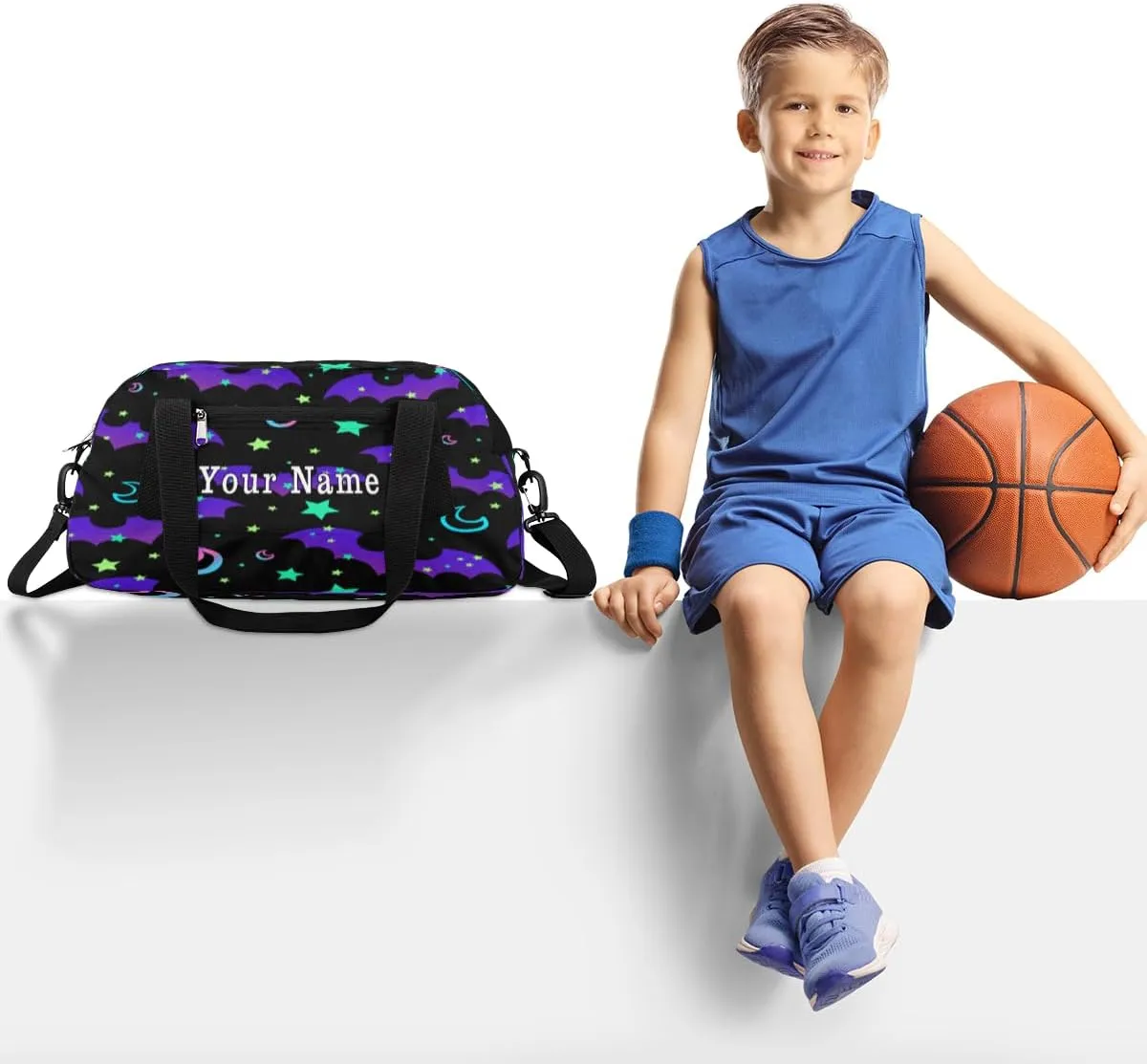 Personalized Kids Duffel Bag Galaxy Moon Bat Pattern,Custom Sport Gym Bag for Boys Girls,WWeekender Overnight Bags Travel Duffel Bag,Customized Kids Gift