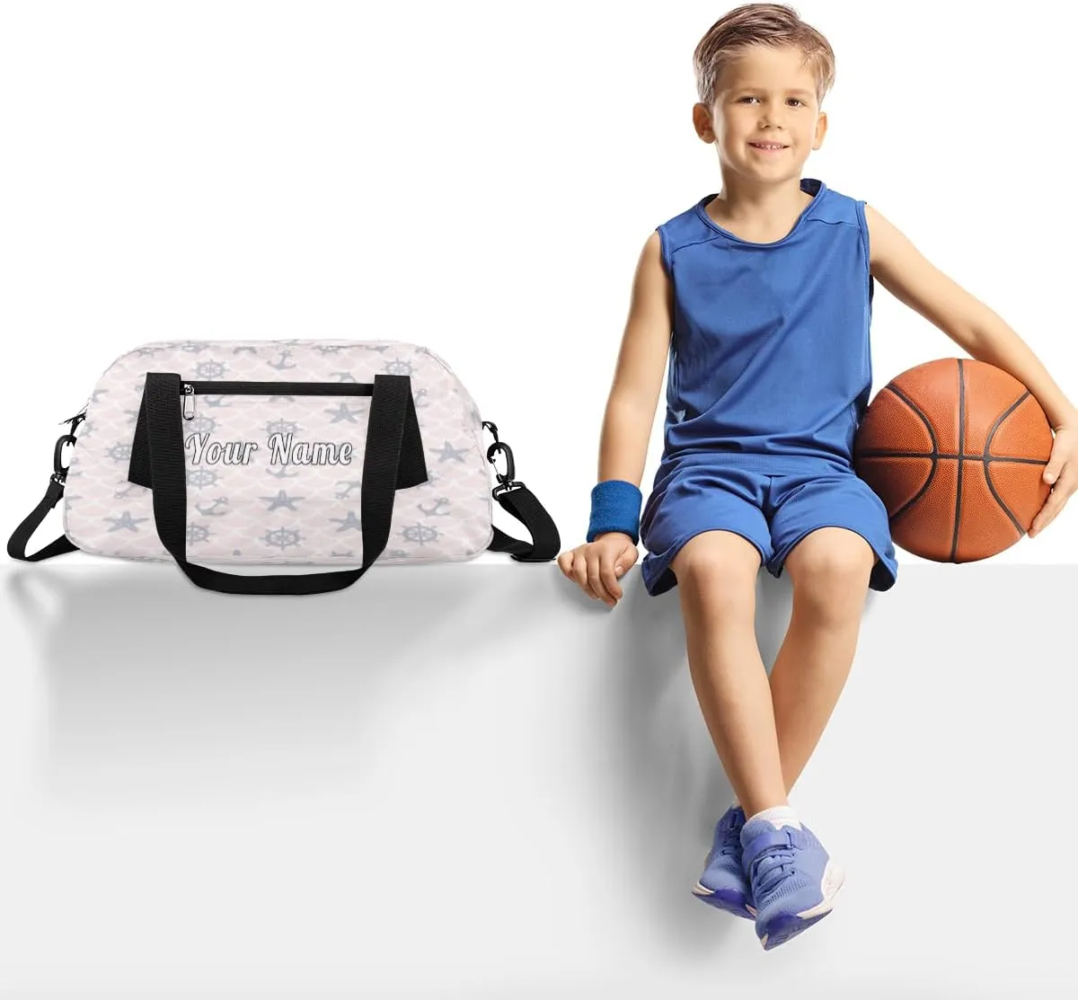 Personalized Kids Duffel Bag Ocean Nautical Anchor Wheel,Custom Sport Gym Bag for Boys Girls,WWeekender Overnight Bags Travel Duffel Bag,Customized Kids Gift