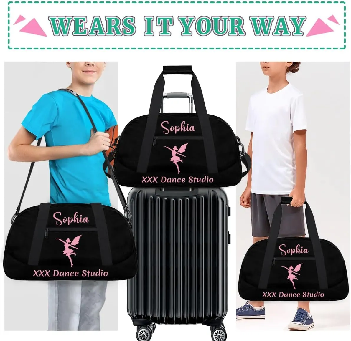 Personalized Name Dance-Duffel-Bags for Girls Kids, Custom Team-Name Sport Gym Bags Carry-On Garment Shoes Bags for Overnight Weekender Travel,Black Pink