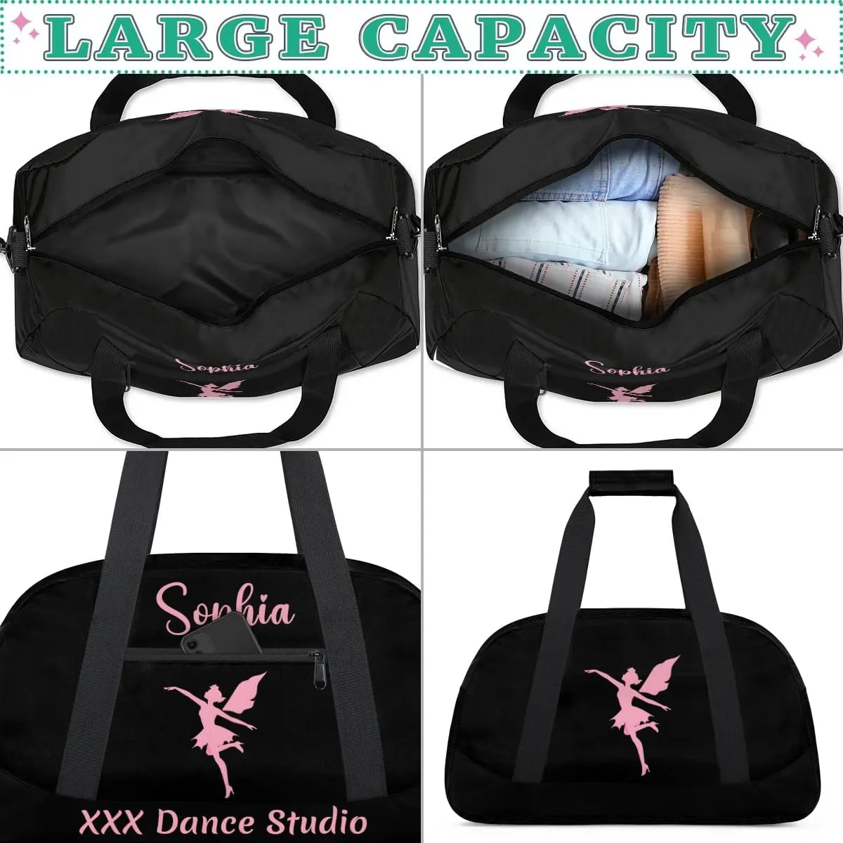 Personalized Name Dance-Duffel-Bags for Girls Kids, Custom Team-Name Sport Gym Bags Carry-On Garment Shoes Bags for Overnight Weekender Travel,Black Pink