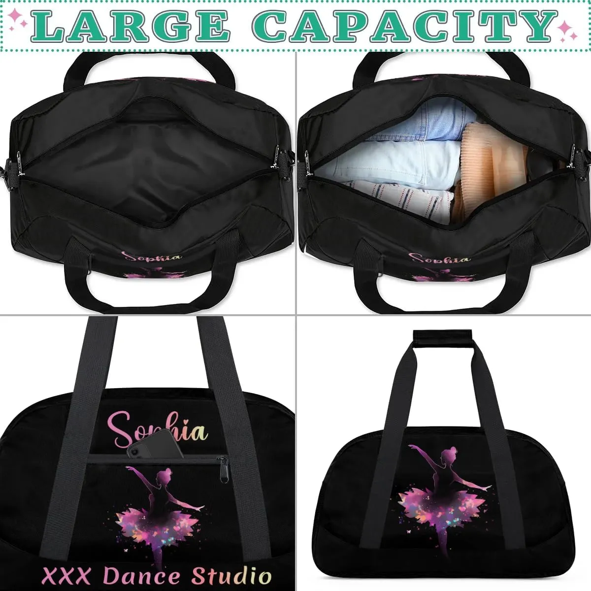 Personalized Name Dance Duffel for Girls Kids, Custom Team-Name Sport Gym Bag, Carry-On Garment Shoes Bag for Overnight Weekender Travel, Black Multi 2