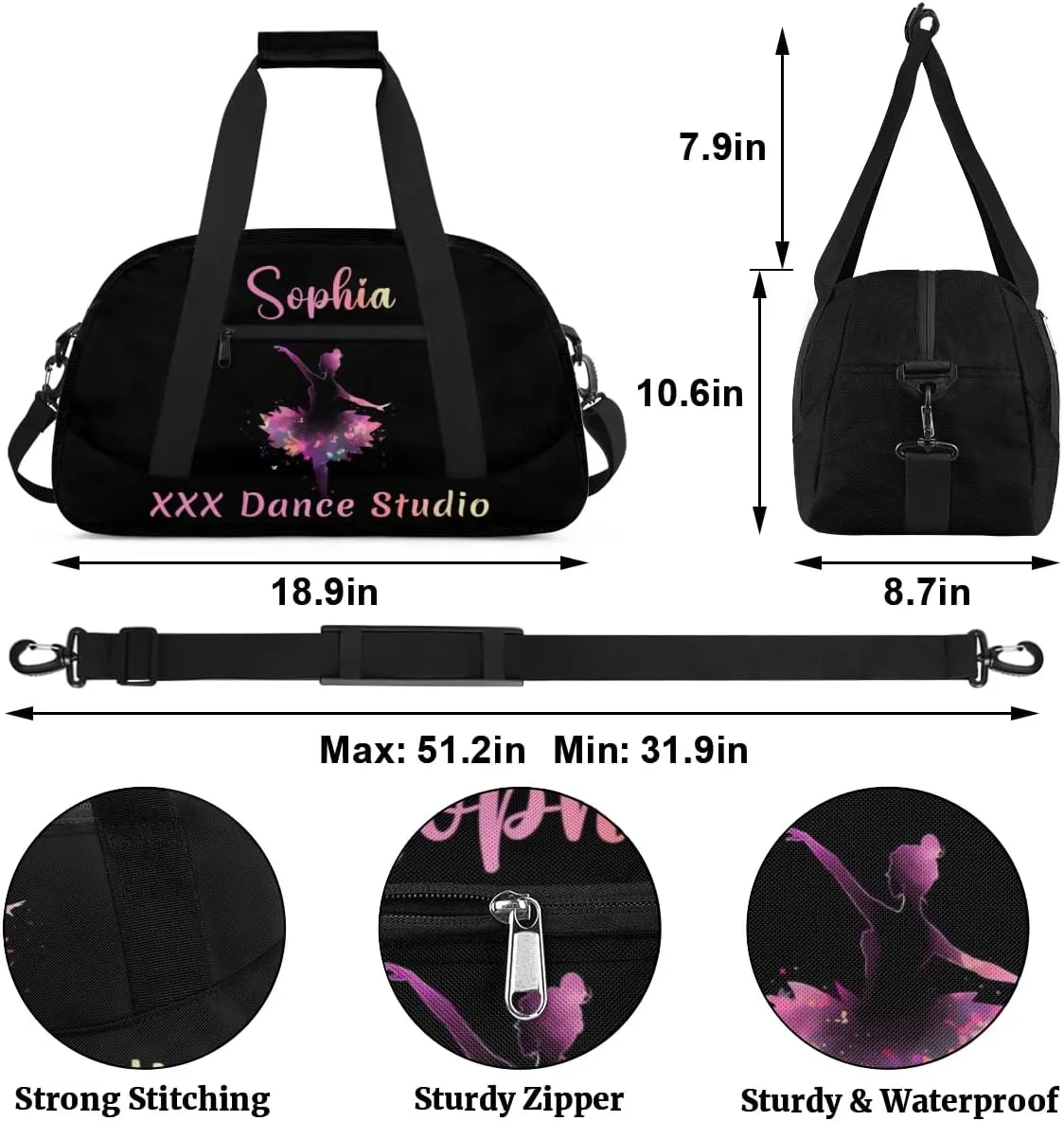 Personalized Name Dance Duffel for Girls Kids, Custom Team-Name Sport Gym Bag, Carry-On Garment Shoes Bag for Overnight Weekender Travel, Black Multi 2