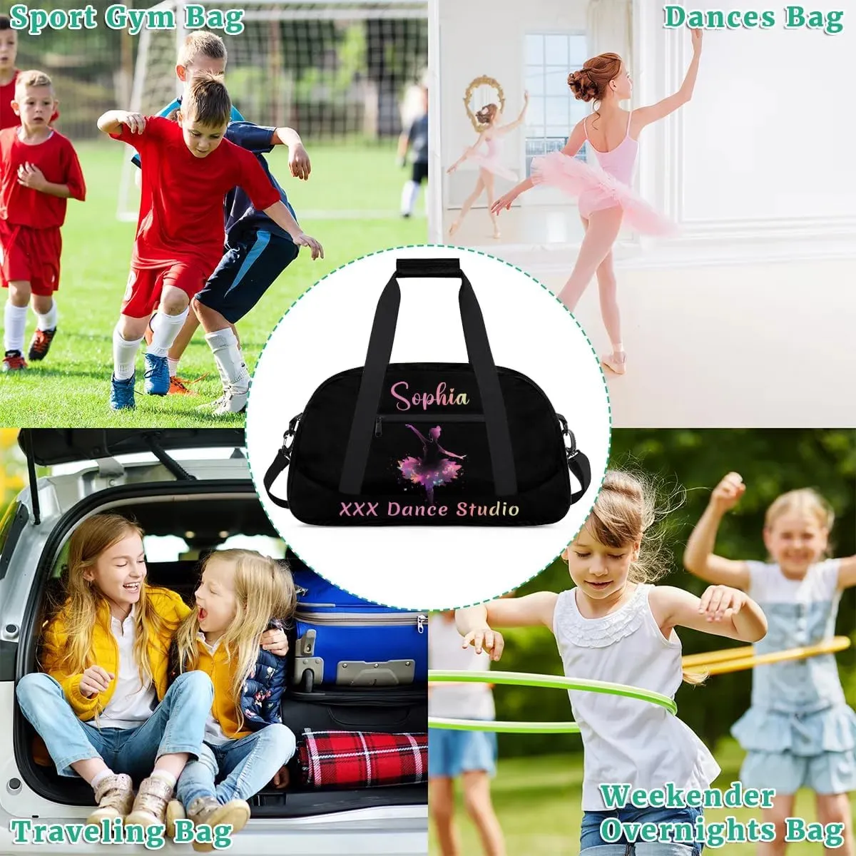 Personalized Name Dance Duffel for Girls Kids, Custom Team-Name Sport Gym Bag, Carry-On Garment Shoes Bag for Overnight Weekender Travel, Black Multi 2
