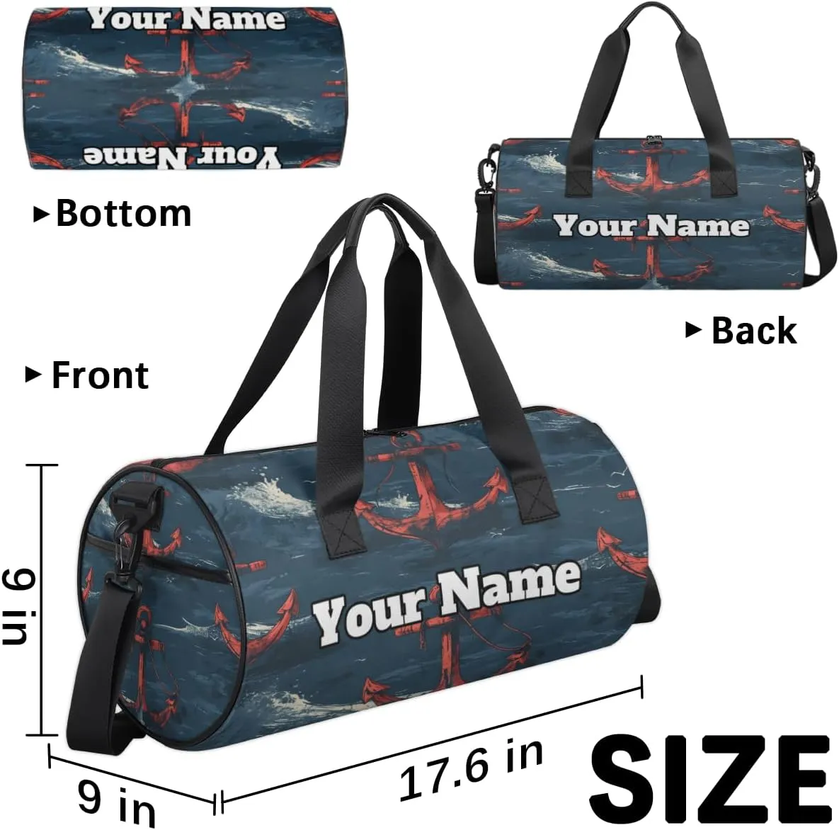 Personalized Nautical Anchor Sport Gym Bag, Custom Name Duffel Bags for Men, Waterproof Custom Sport Duffel Bag, Gymnastics Dance, Nautical