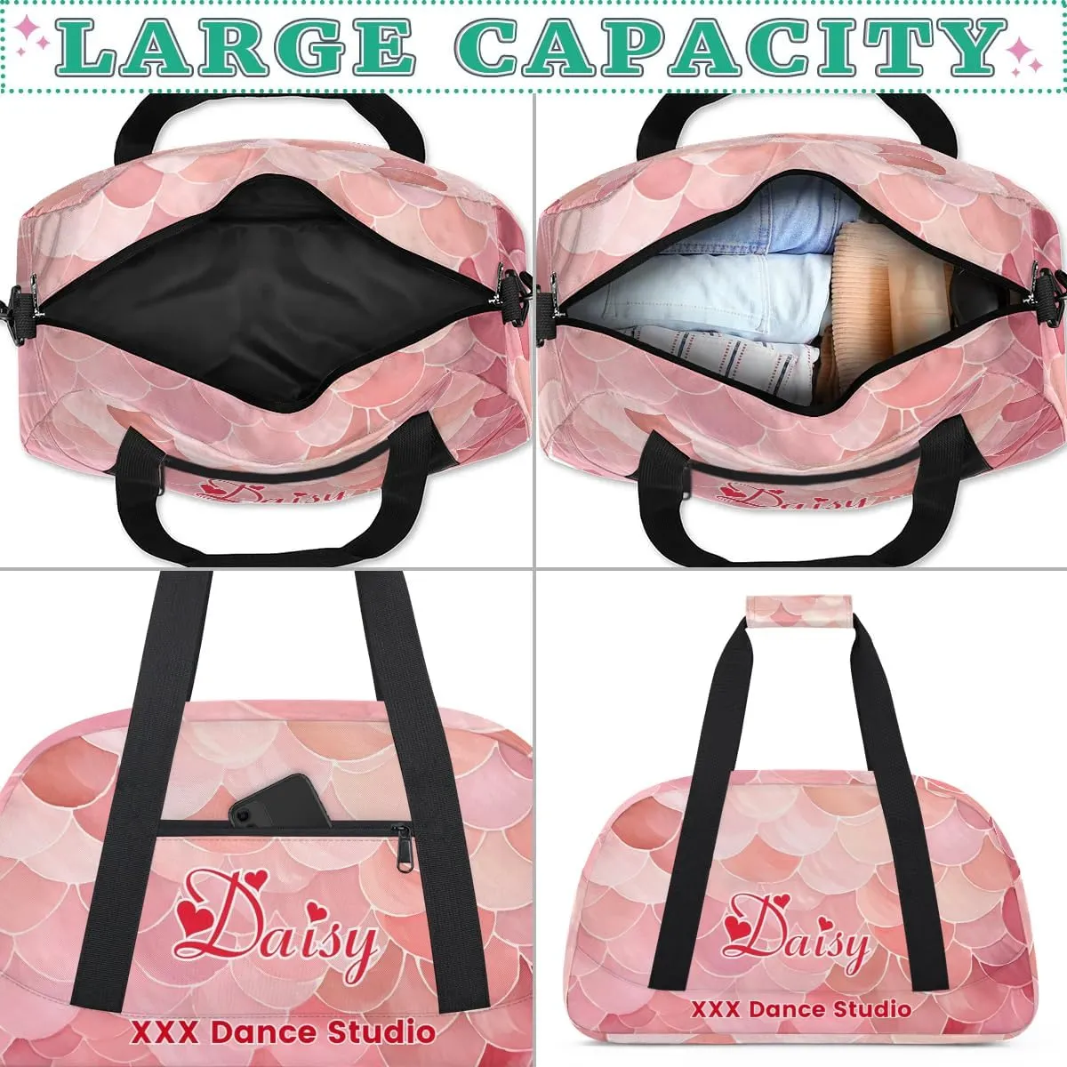 Personalized Pink Scale Gym Duffel Bags for Kids Girls Boys with Custom Name Sport Dance Bags for Overnight Weekender