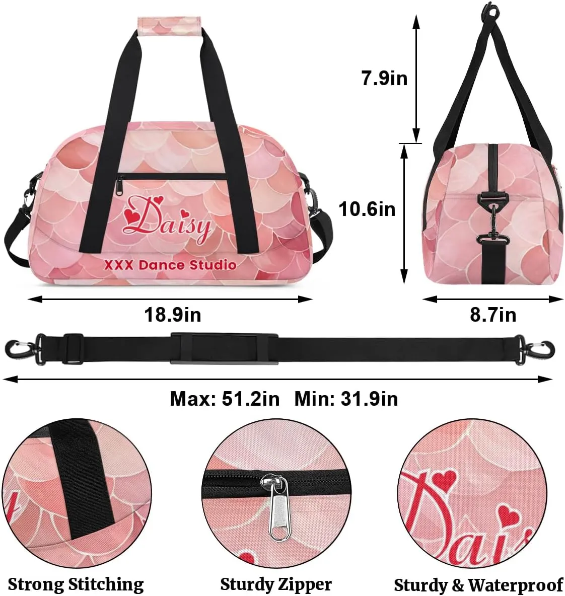 Personalized Pink Scale Gym Duffel Bags for Kids Girls Boys with Custom Name Sport Dance Bags for Overnight Weekender