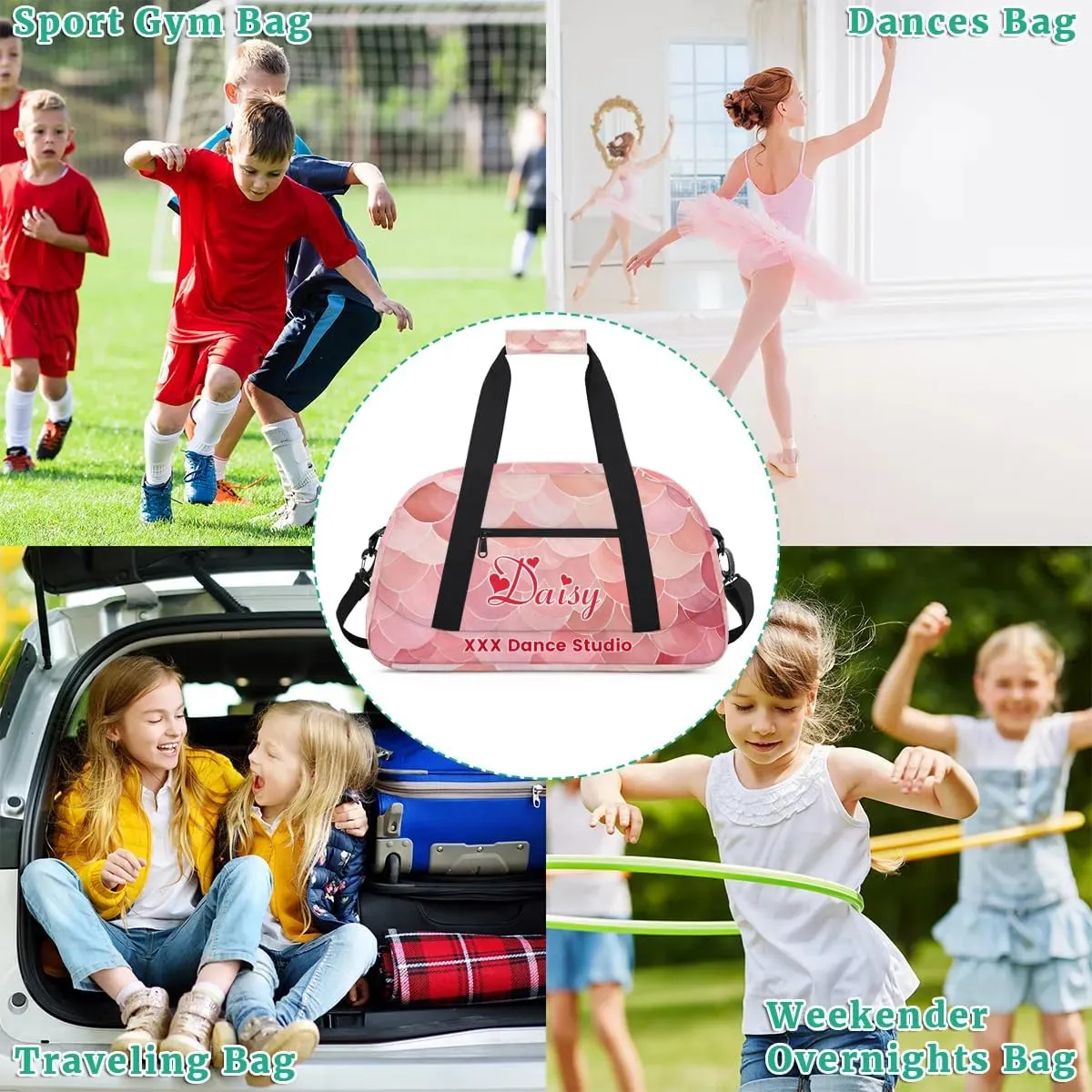 Personalized Pink Scale Gym Duffel Bags for Kids Girls Boys with Custom Name Sport Dance Bags for Overnight Weekender