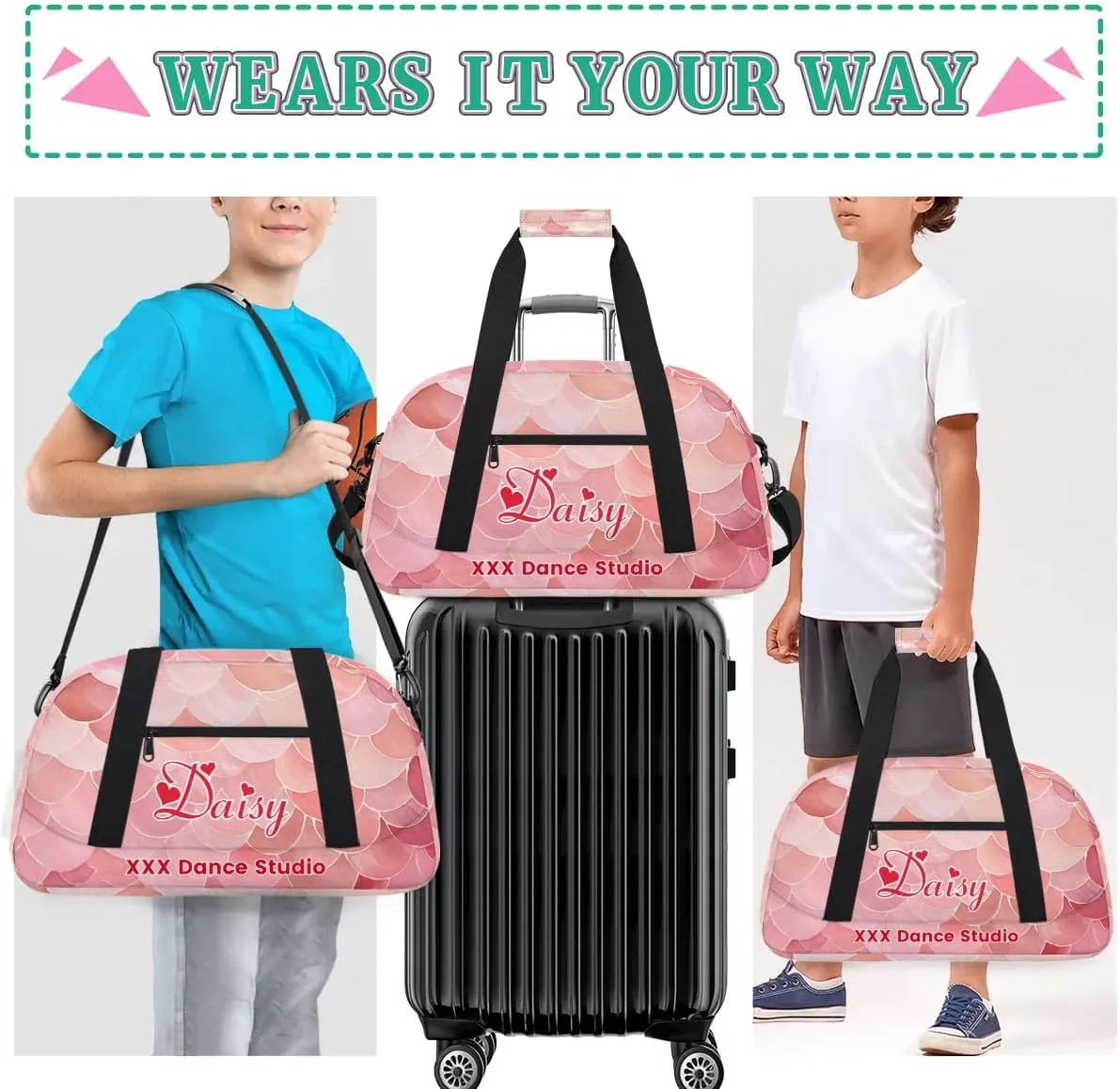 Personalized Pink Scale Gym Duffel Bags for Kids Girls Boys with Custom Name Sport Dance Bags for Overnight Weekender