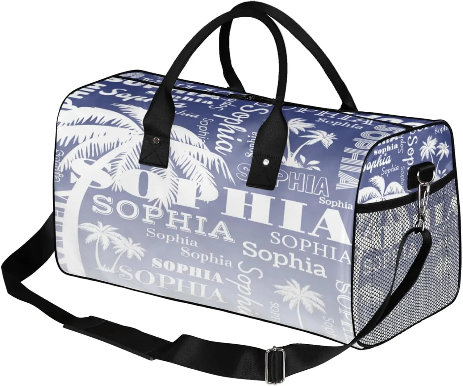 Personalized Sport Duffel Bag with Name, Coconut Tree Design Custom Overnight Bag Sleepover Bags for Dance Cheer Gymnastics, Cobalt Blue Gradient