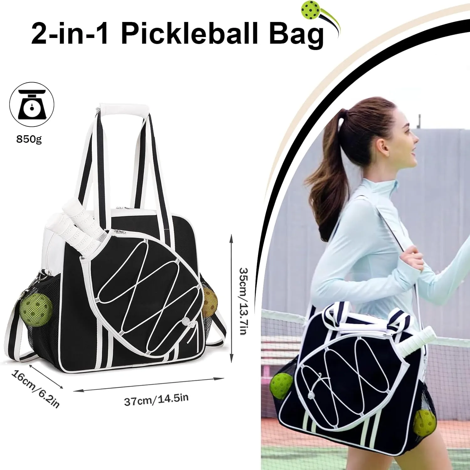Pickleball Bag, Pickleball Bags for Women Men Teens with Waterproof Pocket & Fence Hook, Pickleball Tote Bag