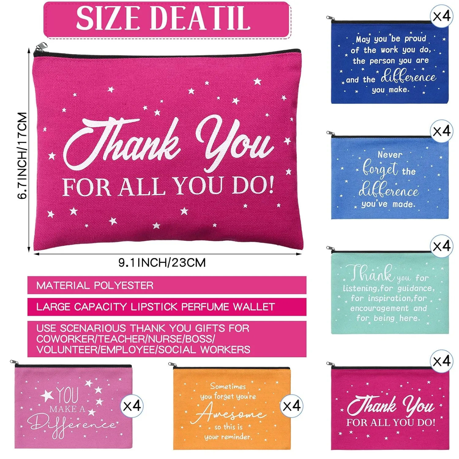 Pinkunn Thank You Gifts for Women Appreciation Cosmetic Bags for Coworkers Inspirational Gifts Toiletry Bags for Colleagues Appreciation Makeup Bags for Employee(24 Pcs,Inspirational)