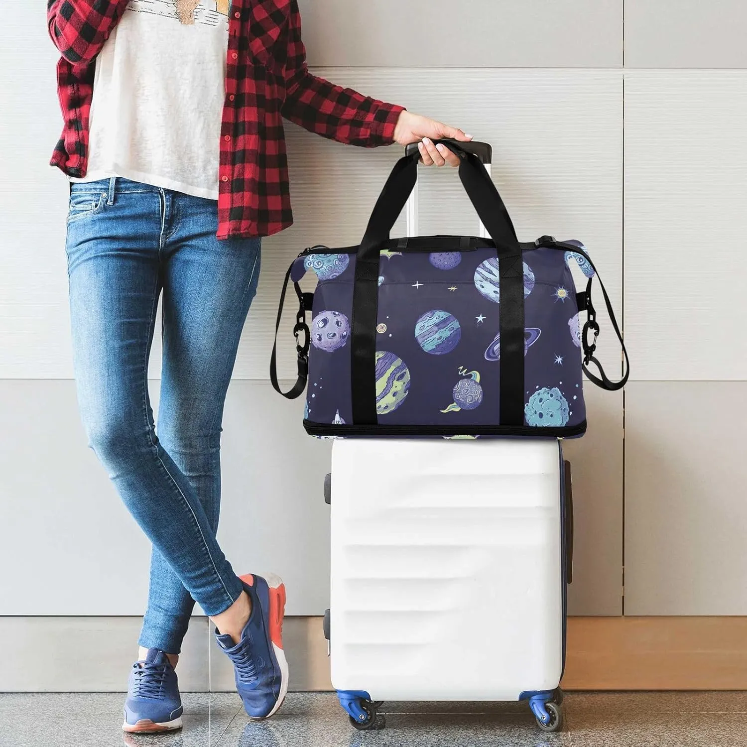 Planets Asteroids on Dark Carryon Bag Expandable Travel Weekender Bags with Toiletry Bag