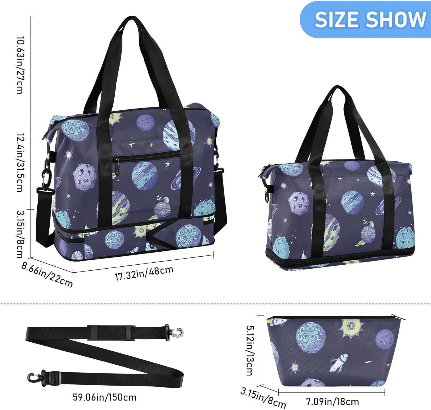 Planets Asteroids on Dark Carryon Bag Expandable Travel Weekender Bags with Toiletry Bag
