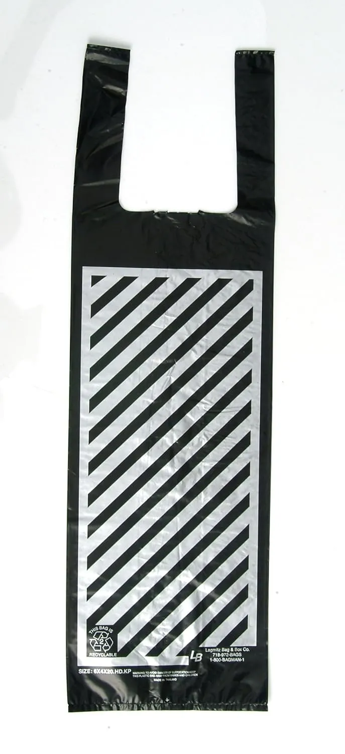 Plastic Shopping Bags, 100pcs - 1 Bottle Wine/Liquor Bag, Heavy, Size:6x4x20, 1.3 Mil, Black with Silver Stripe, 38.99 per 100, 38.9 Cents per Bag