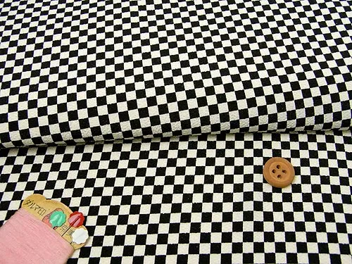 Polyester Chirimen Crepe Ichimatsu Check - Natural/Black (Length) 1＝0.25yard