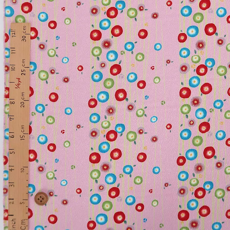 Polyester Chirimen Crepe Small Round Peonies on Pink (Length) 1＝0.25yard