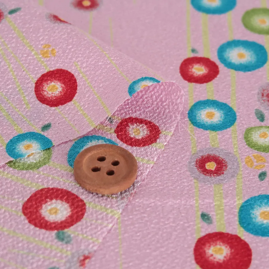 Polyester Chirimen Crepe Small Round Peonies on Pink (Length) 1＝0.25yard