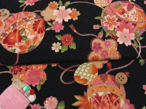 Polyester Chirimen Crepe Temari Balls on Black (Length) 1＝0.25yard