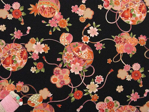 Polyester Chirimen Crepe Temari Balls on Black (Length) 1＝0.25yard
