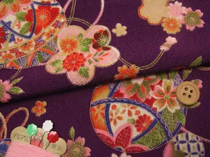 Polyester Chirimen Crepe Temari Balls on Purple (Length) 1＝0.25yard