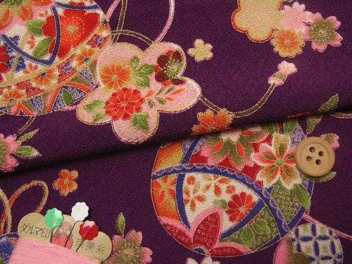 Polyester Chirimen Crepe Temari Balls on Purple (Length) 1＝0.25yard