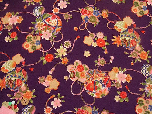Polyester Chirimen Crepe Temari Balls on Purple (Length) 1＝0.25yard