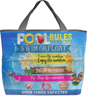 Pool Rules Beach Tote Bag for Women, Blue Summer Beach Nautical Coastal Starfish Anchor Mesh Beach Bags Waterproof Sandproof, Outdoor Picnic Swim Pool Handbag - Large Beach Bag with Zipper and Pockets
