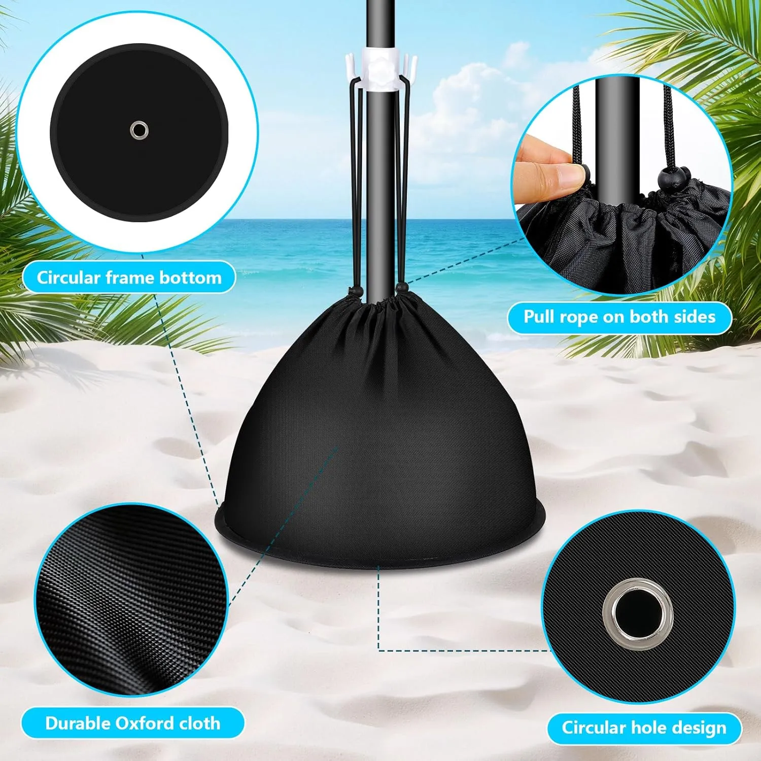 Pop up Beach Umbrella Anchor, Drawstring 600D Oxford Cloth Weights Sand Bags, Includes The Umbrella Hook, for Outdoor Patio Garden (2, Black)