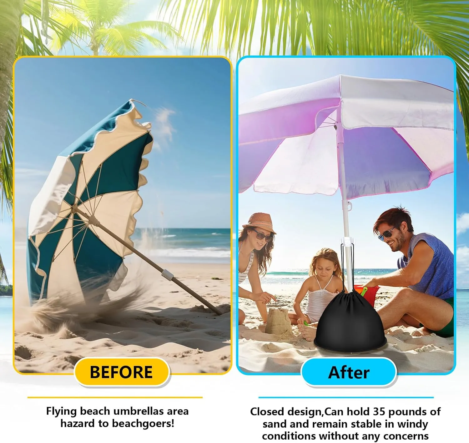 Pop up Beach Umbrella Anchor, Drawstring 600D Oxford Cloth Weights Sand Bags, Includes The Umbrella Hook, for Outdoor Patio Garden (2, Black)