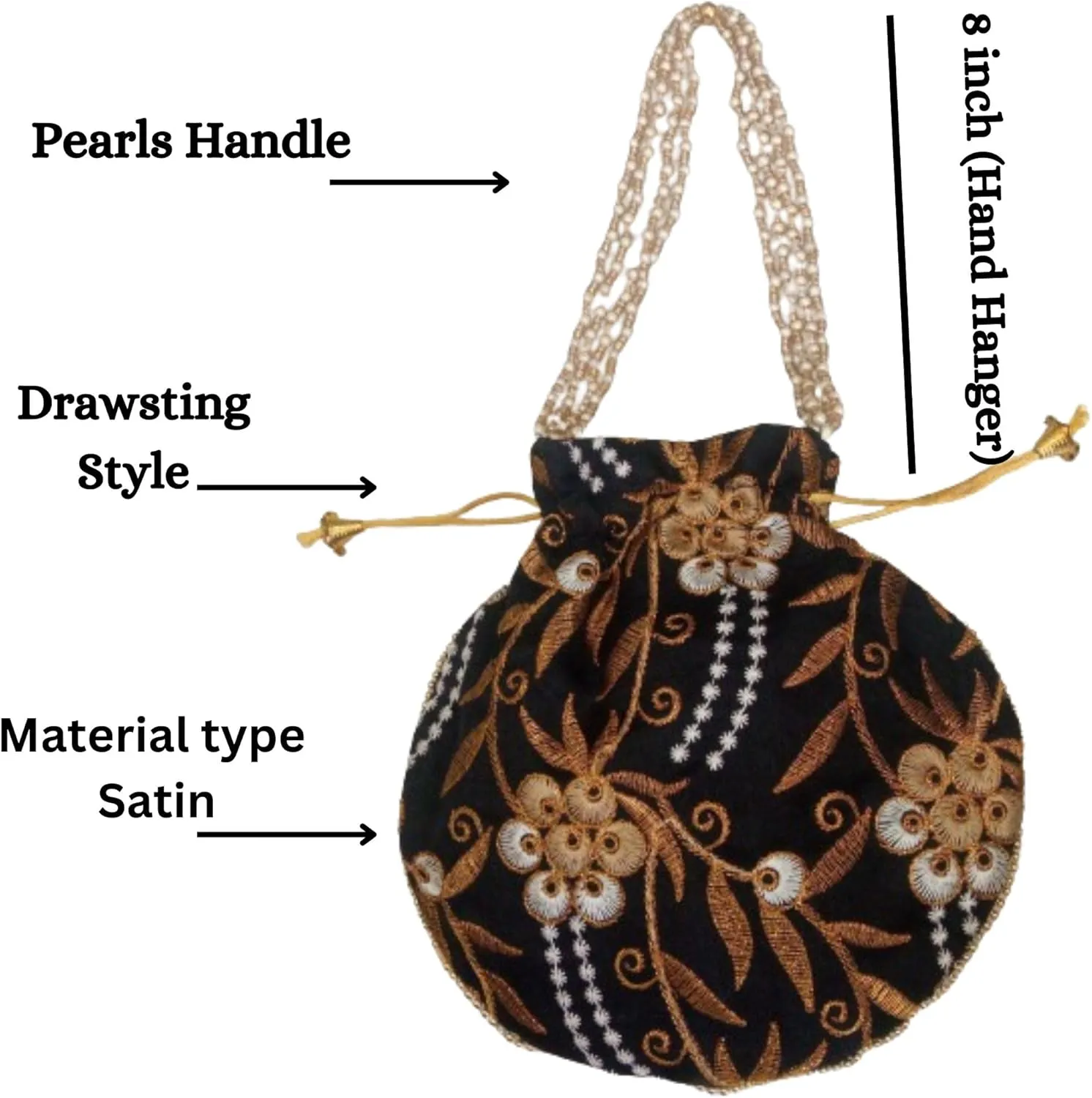 Potli Bag for Women Ethnic Gold, Pearl Handle Floral Accents, Drawstring Closure Pearls Handle Batwa Clutch Purse