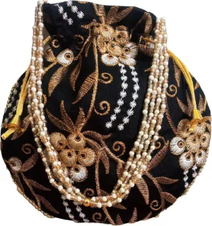 Potli Bag for Women Ethnic Gold, Pearl Handle Floral Accents, Drawstring Closure Pearls Handle Batwa Clutch Purse