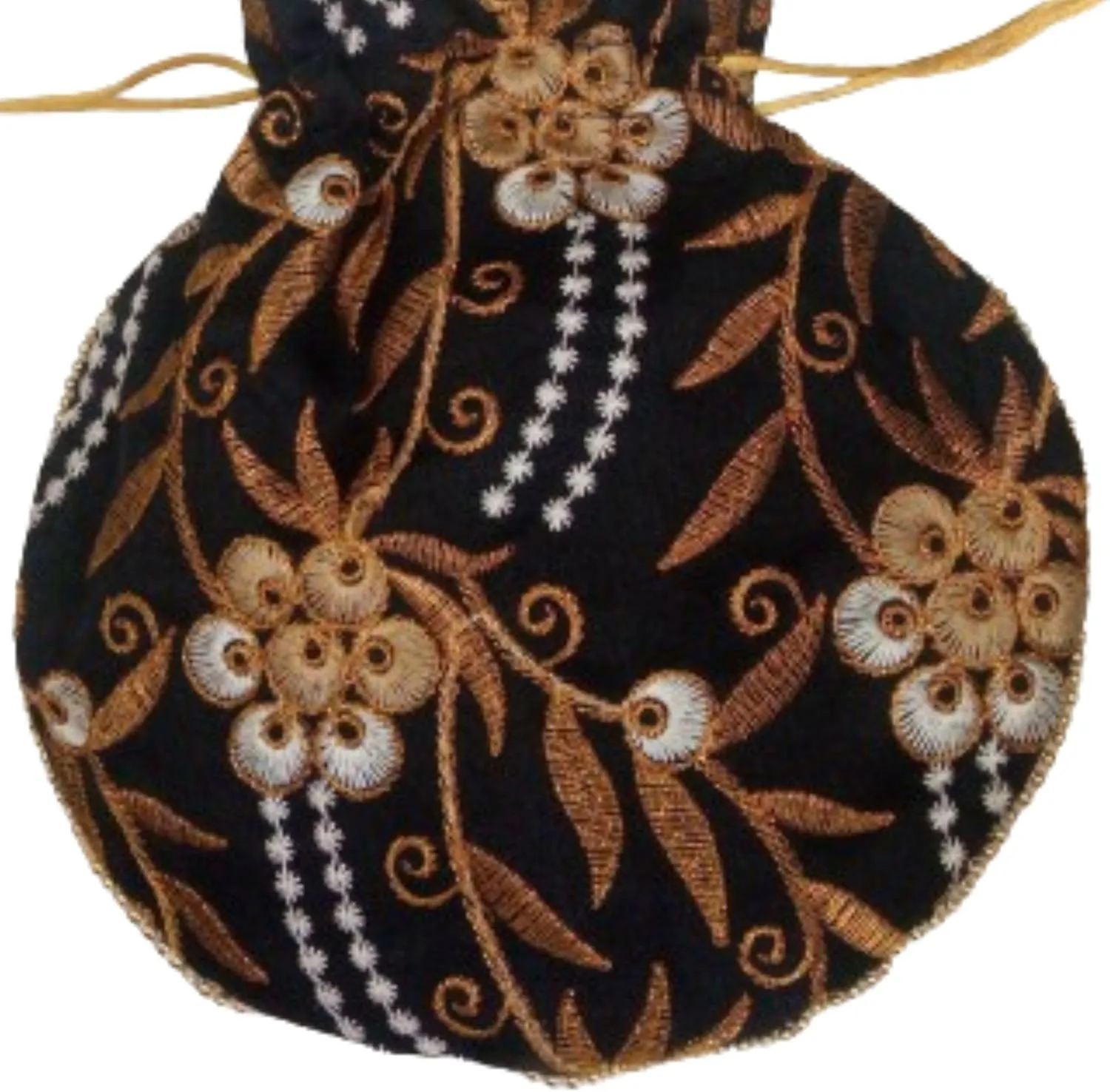 Potli Bag for Women Ethnic Gold, Pearl Handle Floral Accents, Drawstring Closure Pearls Handle Batwa Clutch Purse