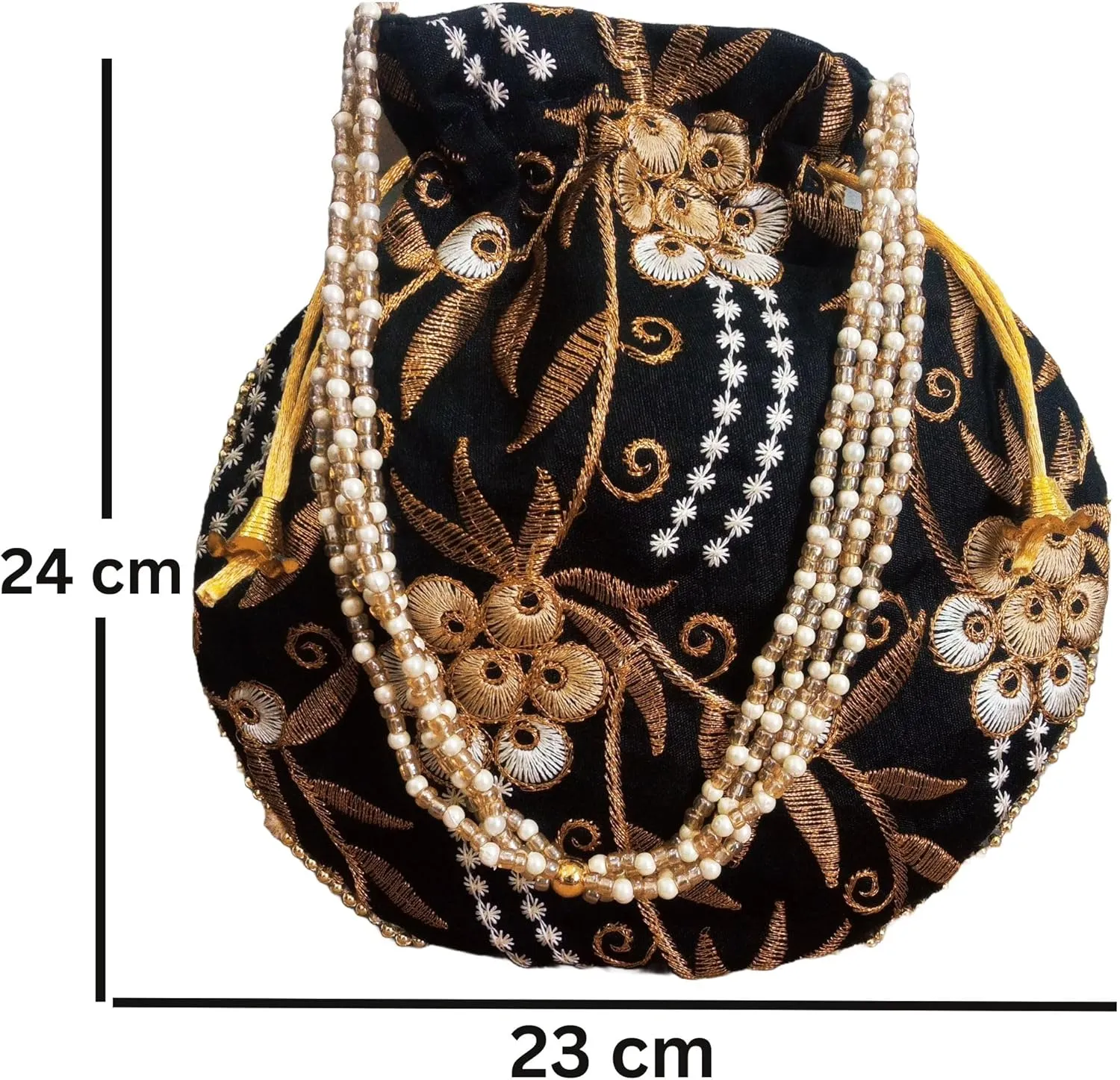 Potli Bag for Women Ethnic Gold, Pearl Handle Floral Accents, Drawstring Closure Pearls Handle Batwa Clutch Purse