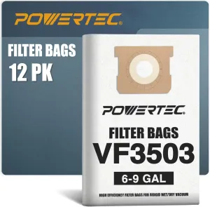 POWERTEC VF3503 Size B Shop Vacuum Bags for Ridgid 12 Pack, 6-9 Gal. 40153 Vacuum Bags for Ridgid HD9000 & Workshop WS32090F2 Wet Dry Vac (75016-P6)