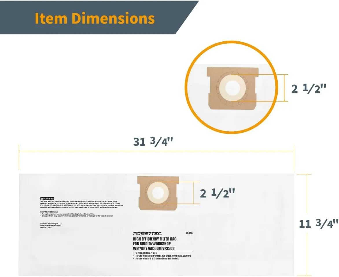 POWERTEC VF3503 Size B Shop Vacuum Bags for Ridgid 12 Pack, 6-9 Gal. 40153 Vacuum Bags for Ridgid HD9000 & Workshop WS32090F2 Wet Dry Vac (75016-P6)