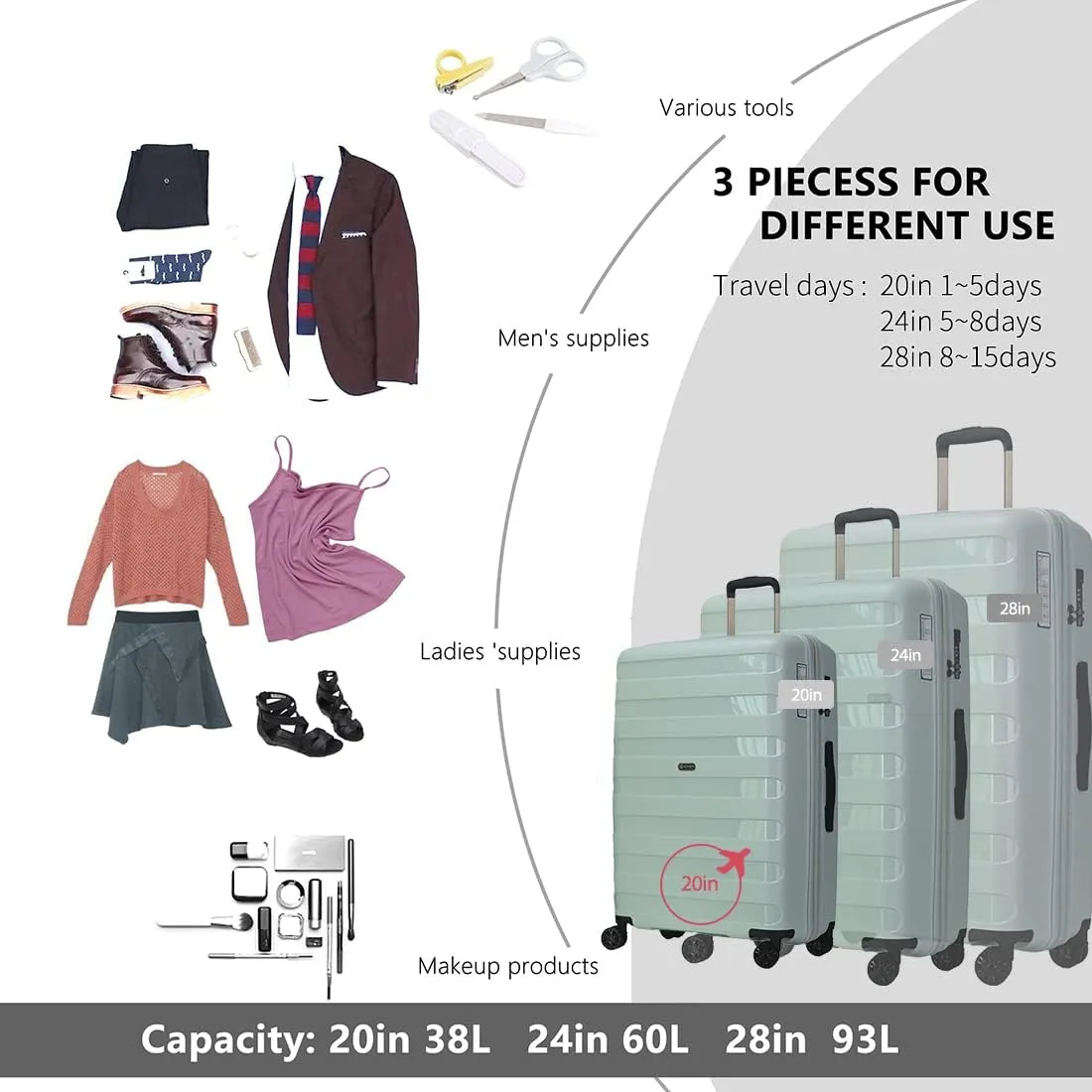 PP material 3-piece expandable luggage sets with Spinner Wheels， Suitcase with TSA Lock，Large Luggage for Family Travel carry on 20/24/28，Azure water color