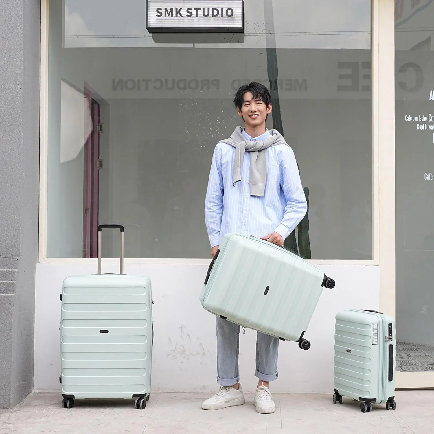 PP material 3-piece expandable luggage sets with Spinner Wheels， Suitcase with TSA Lock，Large Luggage for Family Travel carry on 20/24/28，Azure water color