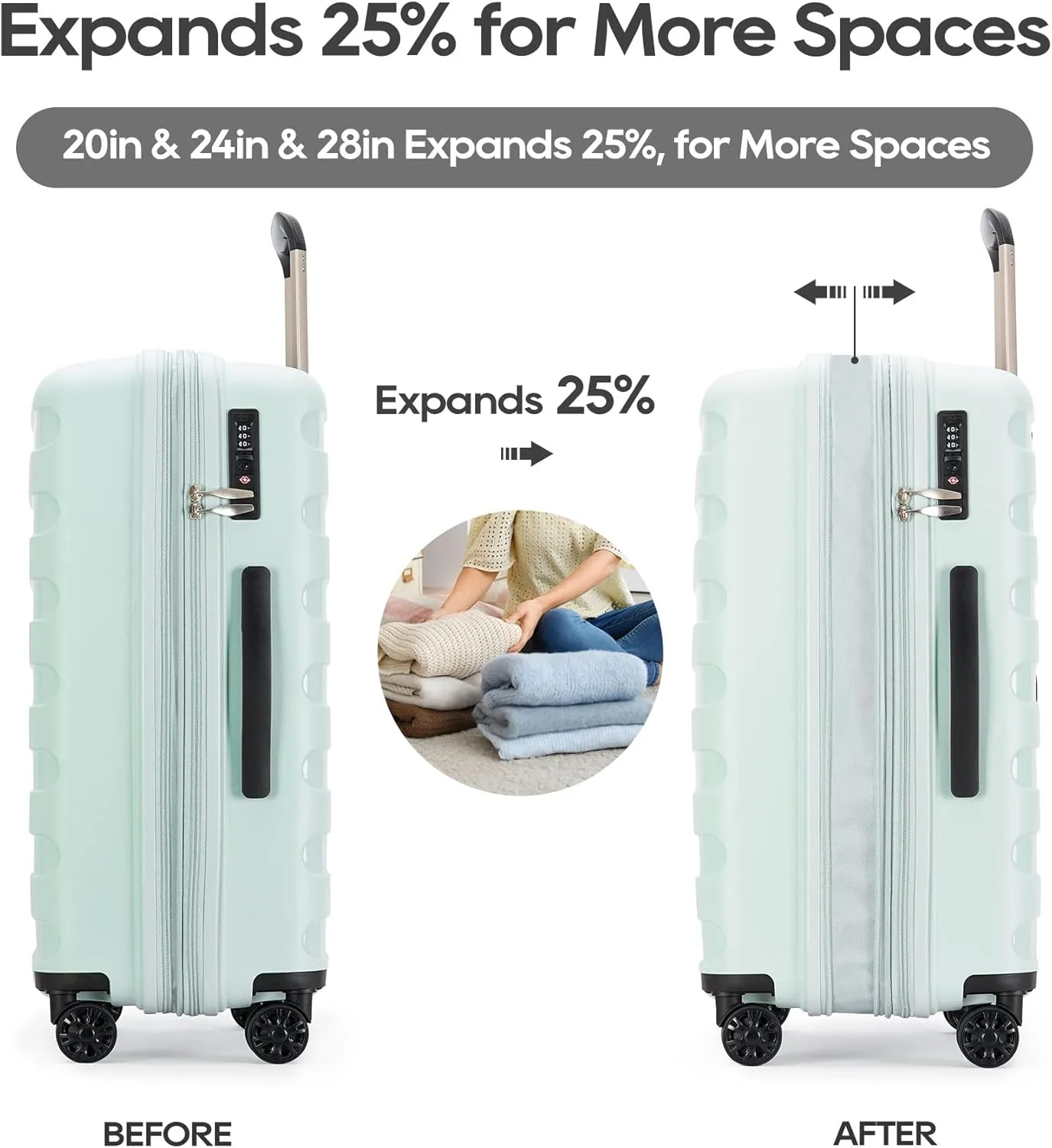 PP material 3-piece expandable luggage sets with Spinner Wheels， Suitcase with TSA Lock，Large Luggage for Family Travel carry on 20/24/28，Azure water color