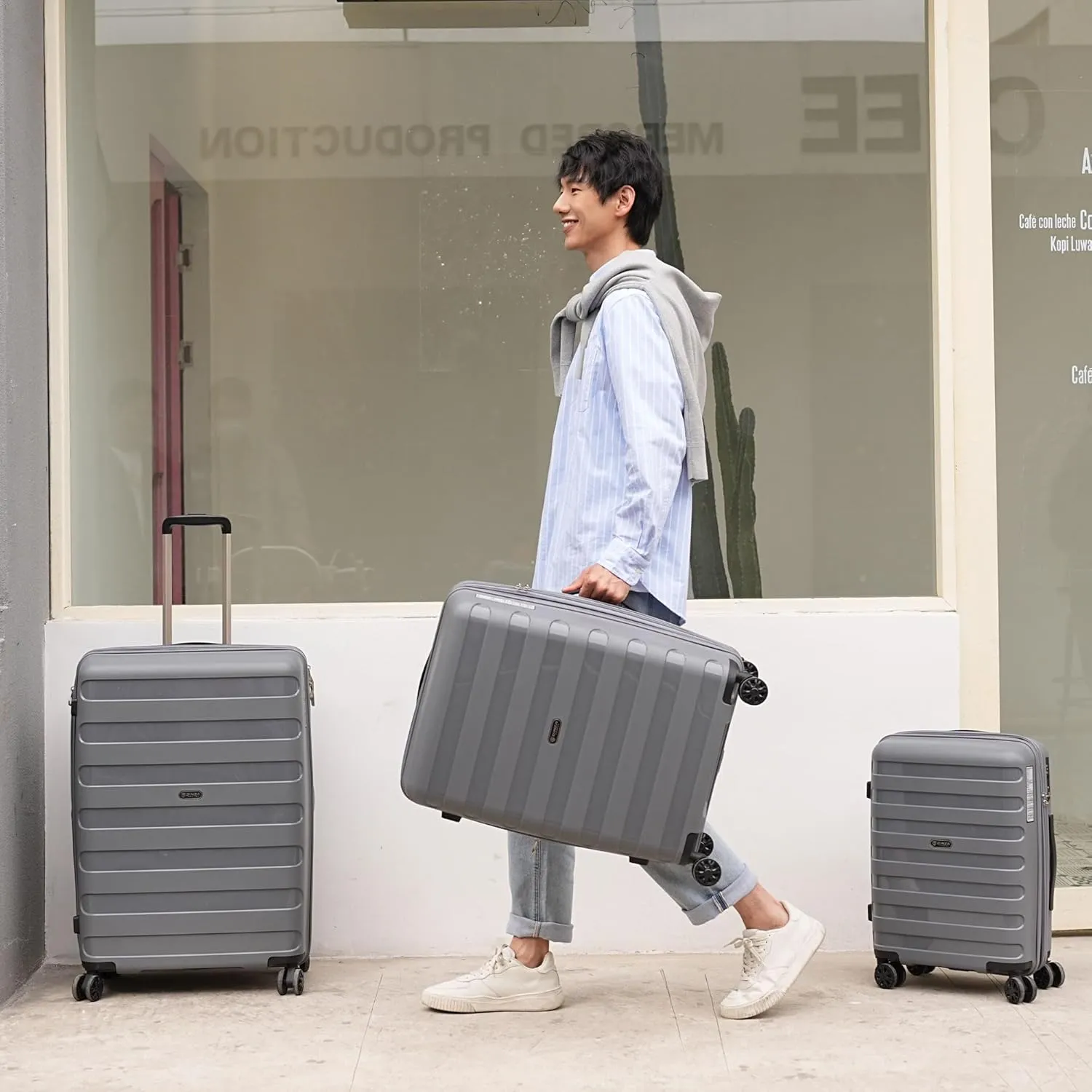 PP material 3-piece expandable luggage sets with Spinner Wheels， Suitcase with TSA Lock，Large Luggage for Family Travel carry on 20/24/28，Grey color