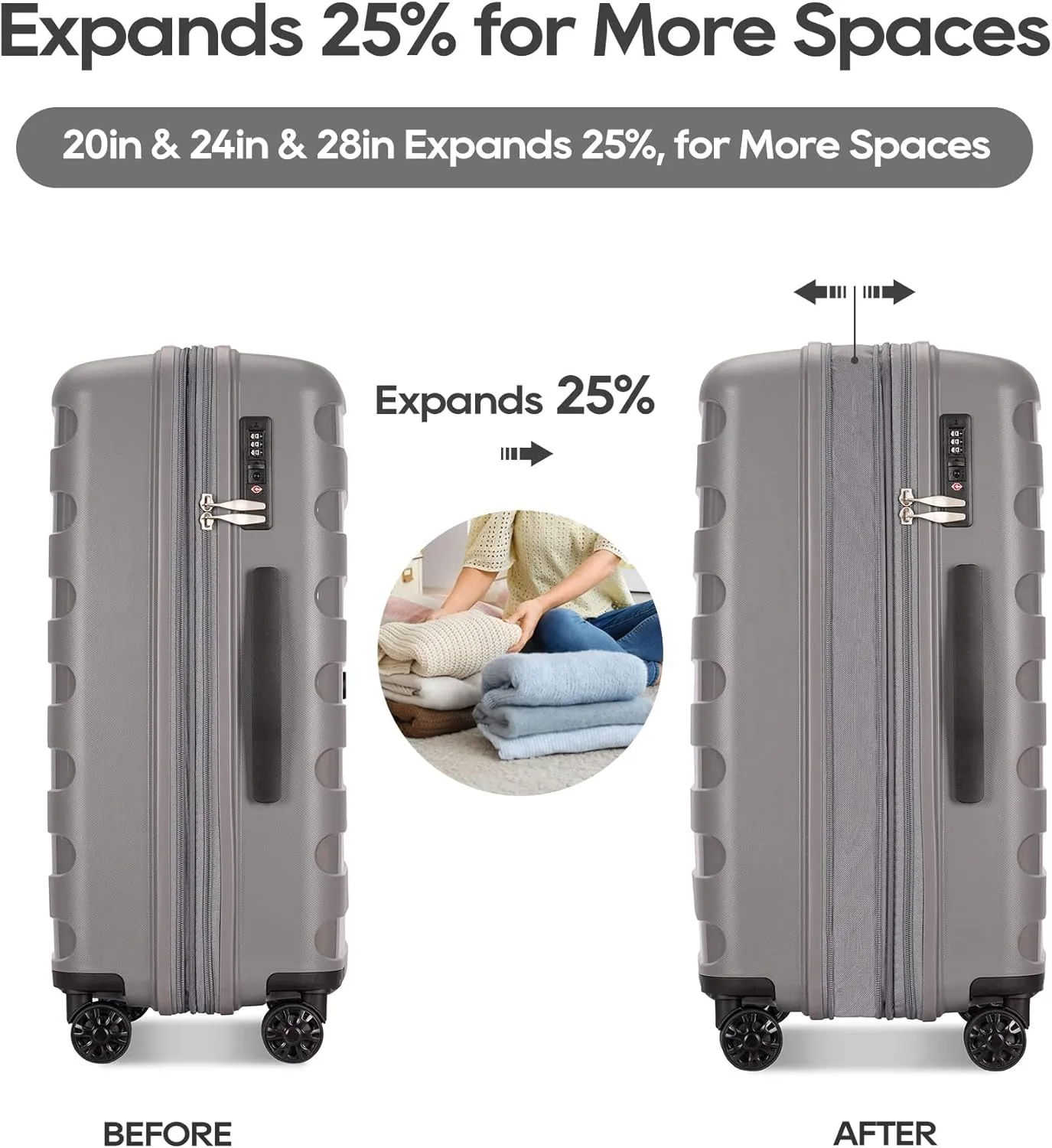 PP material 3-piece expandable luggage sets with Spinner Wheels， Suitcase with TSA Lock，Large Luggage for Family Travel carry on 20/24/28，Grey color