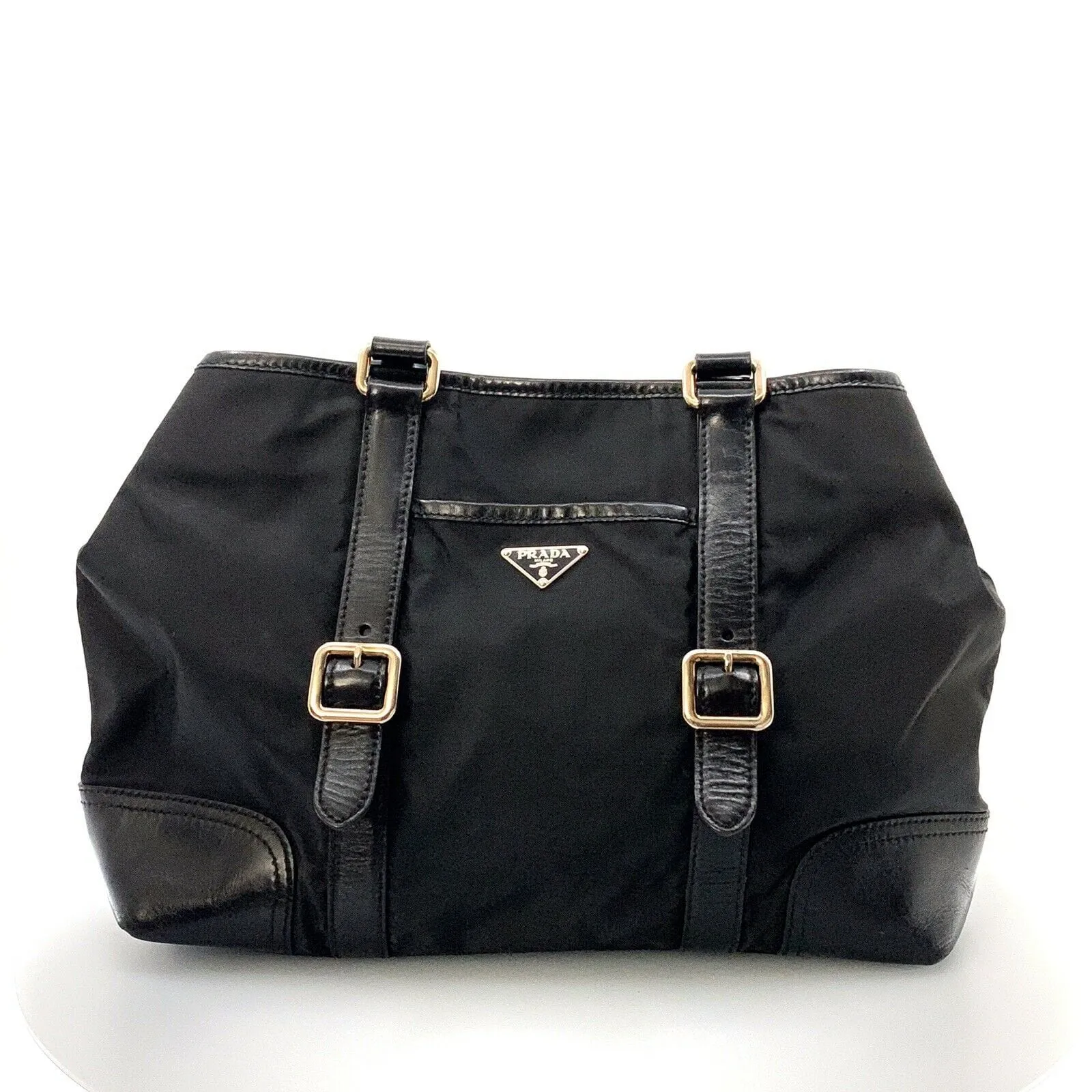 PRADA Women’s Nylon/Leather Expandable Shoulder Tote | Nero (Black) | L | Inner Snaps | Pre-Owned