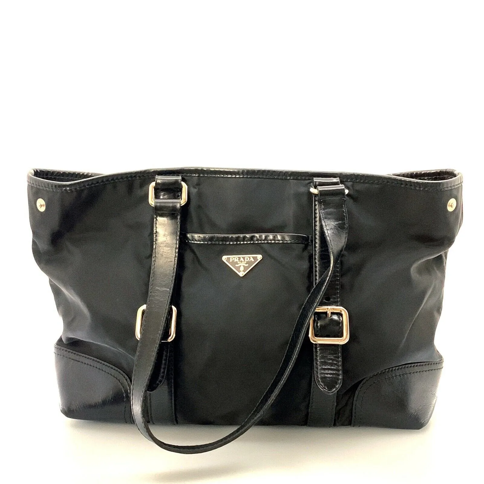 PRADA Women’s Nylon/Leather Expandable Shoulder Tote | Nero (Black) | L | Inner Snaps | Pre-Owned