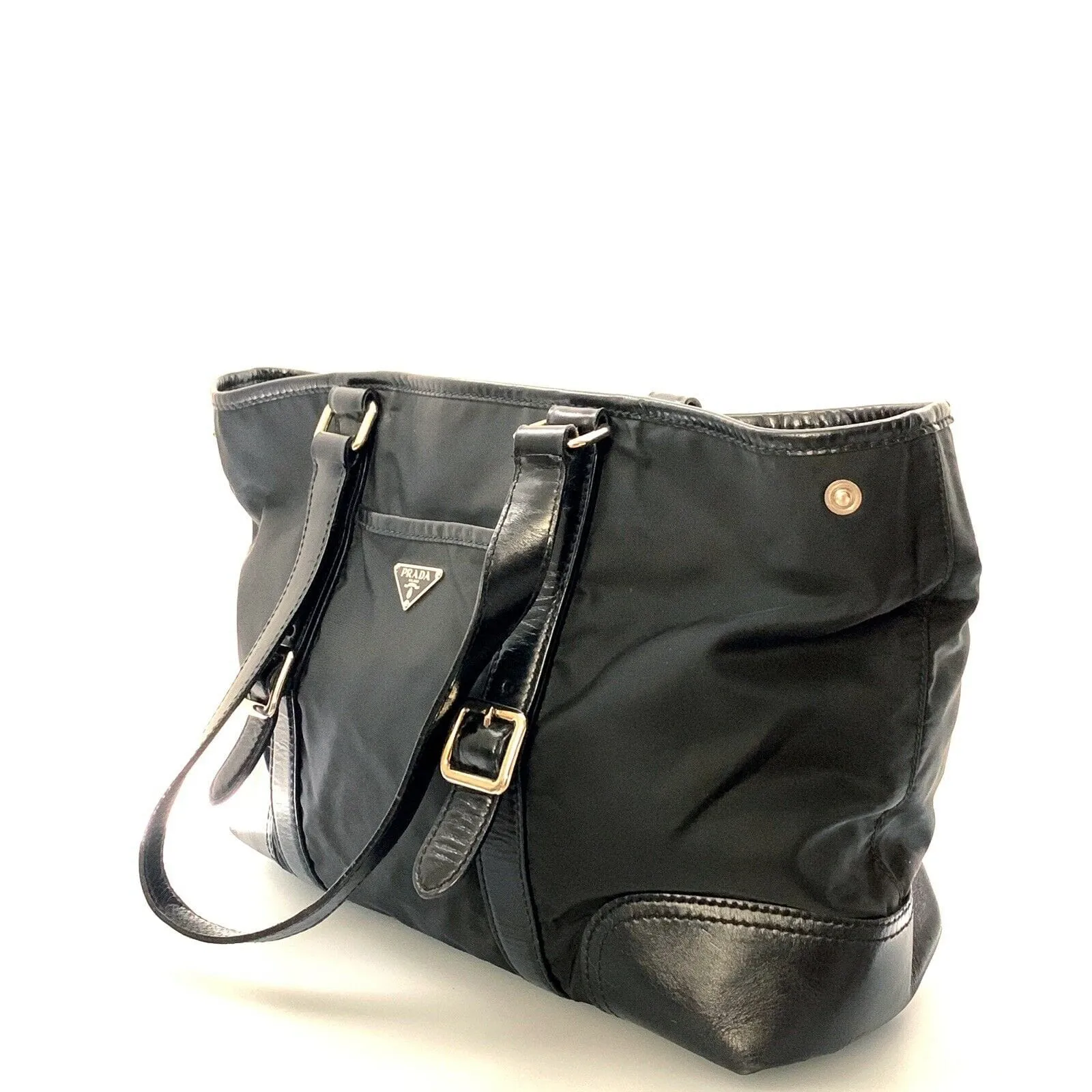PRADA Women’s Nylon/Leather Expandable Shoulder Tote | Nero (Black) | L | Inner Snaps | Pre-Owned