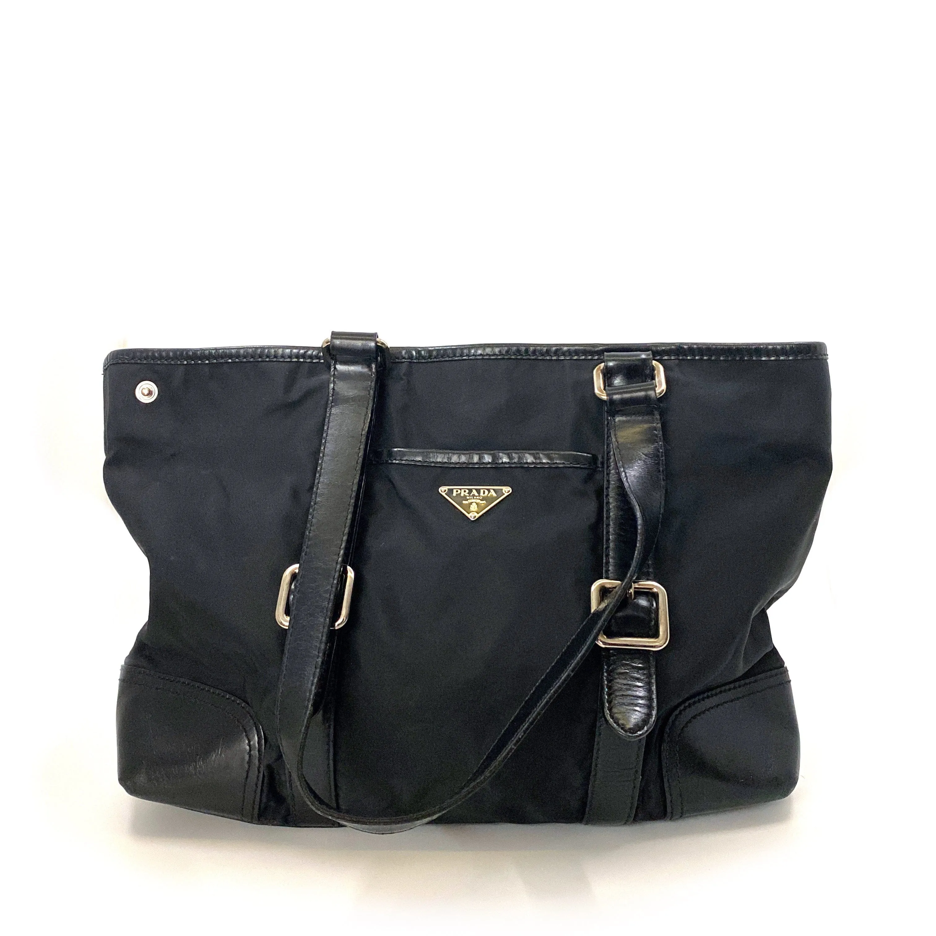 PRADA Women’s Nylon/Leather Expandable Shoulder Tote | Nero (Black) | L | Inner Snaps | Pre-Owned