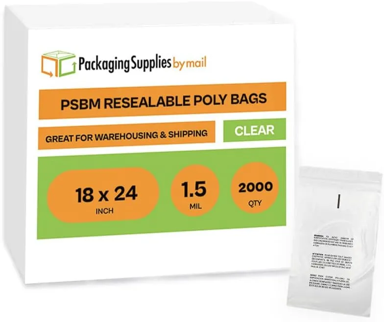 PSBM Polypropylene Bags 18 x 24 Inch Durable Polybags 2000 Count, Self Seal Clear Poly Bags with Suffocation Warning for Packaging & Shipping, Clear Zip bags for T Shirt packaging