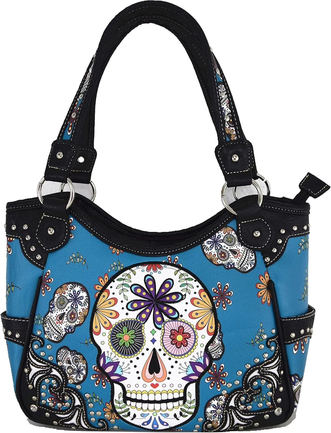Punk Gothic Rock Metallic Skull Day of the Dead Floral Sugar Skull Leather Purse Women Handbag Shoulder Bag Wallet Set