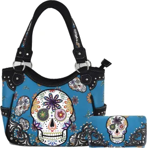 Punk Gothic Rock Metallic Skull Day of the Dead Floral Sugar Skull Leather Purse Women Handbag Shoulder Bag Wallet Set