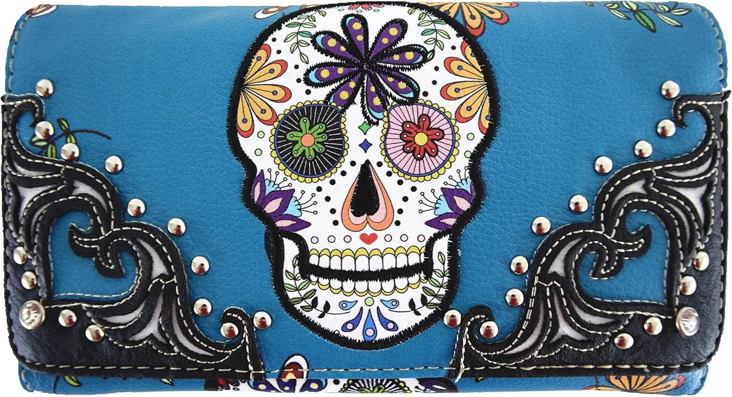 Punk Gothic Rock Metallic Skull Day of the Dead Floral Sugar Skull Leather Purse Women Handbag Shoulder Bag Wallet Set